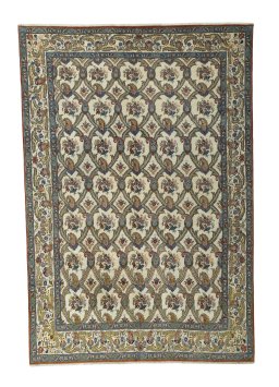 Full view of 1950s Ghom rug from Iran / Persia, 322 × 220 cm in Beige tones