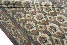 Full view of 1950s Ghom rug from Iran / Persia, 322 × 220 cm in Beige tones