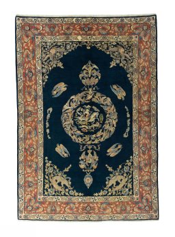 Full view of 1970s Ghom rug from Iran / Persia, 297 × 206 cm in Blue tones