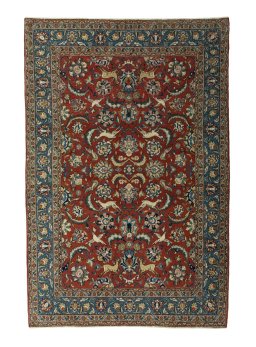 Full view of 1970s Ghom rug from Iran / Persia, 211 × 141 cm in Red tones