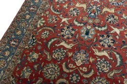 Backside of handmade 1970s Ghom rug showing knot structure and weave density