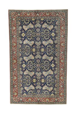 Full view of 1970s Ghom rug from Iran / Persia, 329 × 201 cm in Blue tones