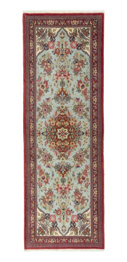 Full view of New Ghom rug from Iran / Persia, 209 × 73 cm in Blue tones