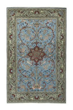 Full view of 1970s Ghom rug from Iran / Persia, 224 × 141 cm in Blue tones