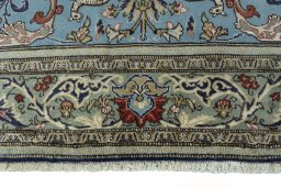Full view of 1970s Ghom rug from Iran / Persia, 224 × 141 cm in Blue tones