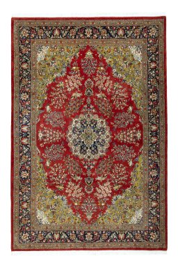 Full view of New Ghom rug from Iran / Persia, 302 × 202 cm in Red tones