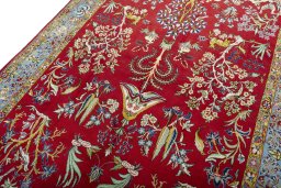 Backside of handmade 1970s Ghom rug showing knot structure and weave density