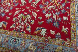 Close-up detail of 1970s Ghom rug from Iran / Persia showing Wool weave