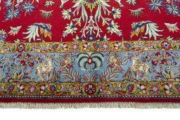 Full view of 1970s Ghom rug from Iran / Persia, 303 × 200 cm in Red tones