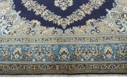 Full view of 2000s Ghom rug from Iran / Persia, 416 × 271 cm in Blue tones