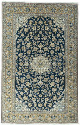 Full view of 1950s Ghom rug from Iran / Persia, 257 × 163 cm in Blue tones