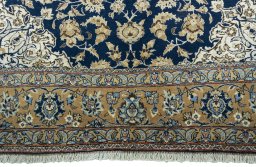 Full view of 1950s Ghom rug from Iran / Persia, 257 × 163 cm in Blue tones