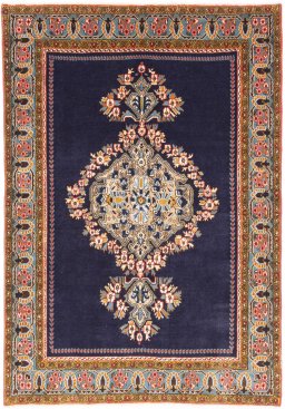 Full view of 2001s Ghom rug from Iran / Persia, 147 × 103 cm in Dark blue tones