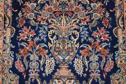 Full view of 1980s Ghom rug from Iran / Persia, 200 × 130 cm in Dark blue tones