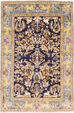 Full view of 2001s Ghom rug from Iran / Persia, 148 × 97 cm in Dark blue tones