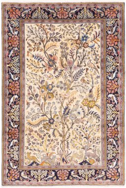 Full view of 2000s Ghom rug from Iran / Persia, 157 × 107 cm in Cream tones