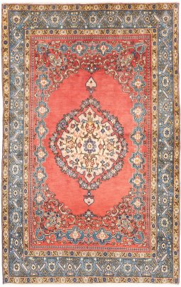 Full view of 1970s Ghom rug from Iran / Persia, 207 × 130 cm in Red tones