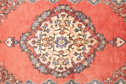 Full view of 1970s Ghom rug from Iran / Persia, 207 × 130 cm in Red tones