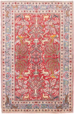 Full view of 1988s Ghom rug from Iran / Persia, 228 × 150 cm in Red tones