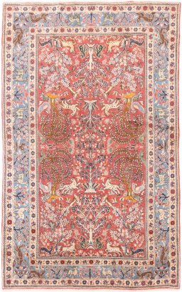 Full view of 1975s Ghom rug from Iran / Persia, 237 × 149 cm in Red tones