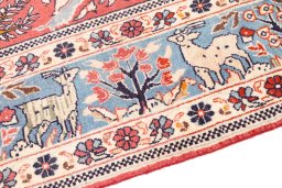 Backside of handmade 1975s Ghom rug showing knot structure and weave density