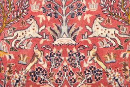 Full view of 1975s Ghom rug from Iran / Persia, 237 × 149 cm in Red tones