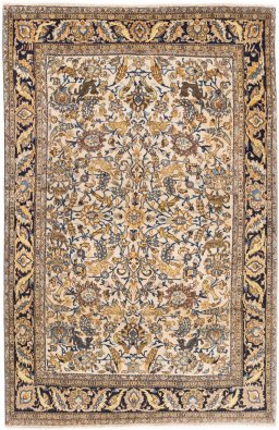Full view of 1970s Ghom rug from Iran / Persia, 215 × 140 cm in Beige tones