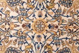 Corner detail of 1970s Ghom rug showing border pattern and Wool pile