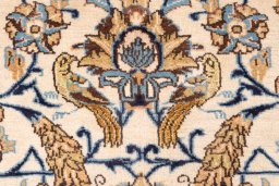 Full view of 1970s Ghom rug from Iran / Persia, 215 × 140 cm in Beige tones