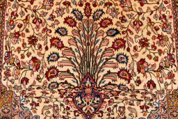 Full view of 1972s Ghom rug from Iran / Persia, 177 × 105 cm in Beige tones