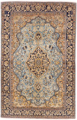 Full view of 1975s Ghom rug from Iran / Persia, 212 × 137 cm in Multi Color tones