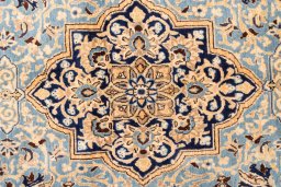 Corner detail of 1975s Ghom rug showing border pattern and Wool pile