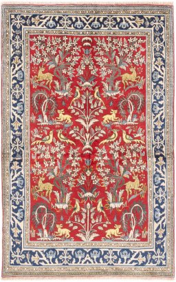 Full view of 1985s Ghom rug from Iran / Persia, 163 × 102 cm in Red tones
