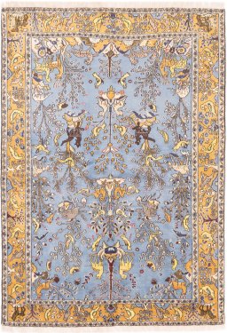 Full view of 1988s Ghom rug from Iran / Persia, 202 × 140 cm in Blue tones