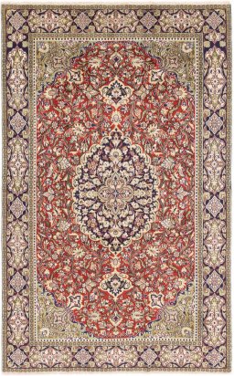 Full view of 1979s Ghom rug from Iran / Persia, 210 × 130 cm in Red tones