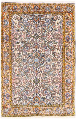 Full view of 1998s Ghom rug from Iran / Persia, 157 × 104 cm in Beige tones