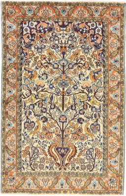 Full view of 1990s Ghom rug from Iran / Persia, 165 × 100 cm in Cream tones