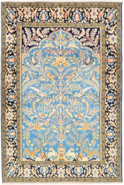 Full view of 1990s Ghom rug from Iran / Persia, 162 × 108 cm in Blue tones