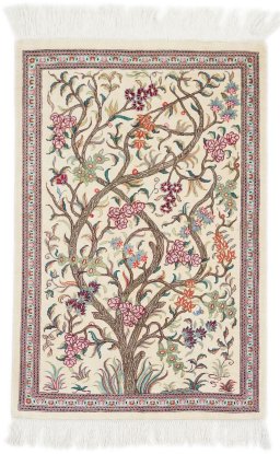 Full view of New Ghom rug from Iran / Persia, 80 × 52 cm in Beige tones