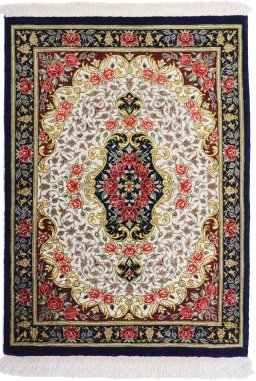 Full view of New Ghom rug from Iran / Persia, 80 × 60 cm in White tones