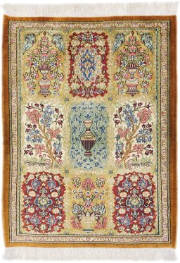 Full view of New Ghom rug from Iran / Persia, 80 × 58 cm in Multi Color tones