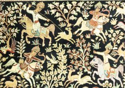 Close-up detail of New Ghom rug from Iran / Persia showing Silk weave