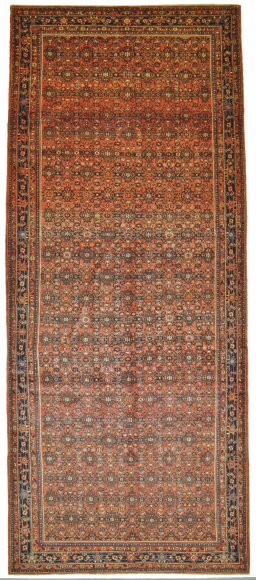 Full view of 2000s Hoseinabad rug from Iran / Persia, 502 × 209 cm in Red tones