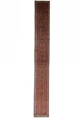Full view of New Hoseinabad rug from Iran / Persia, 590 × 77 cm in Red tones