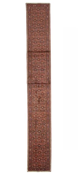 Full view of New Hoseinabad rug from Iran / Persia, 792 × 82 cm in Red tones