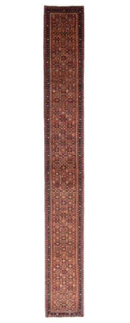 Full view of New Hoseinabad rug from Iran / Persia, 600 × 77 cm in Red tones