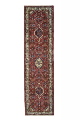 Full view of 2000s Hoseinabad rug from Iran / Persia, 318 × 87 cm in Red tones