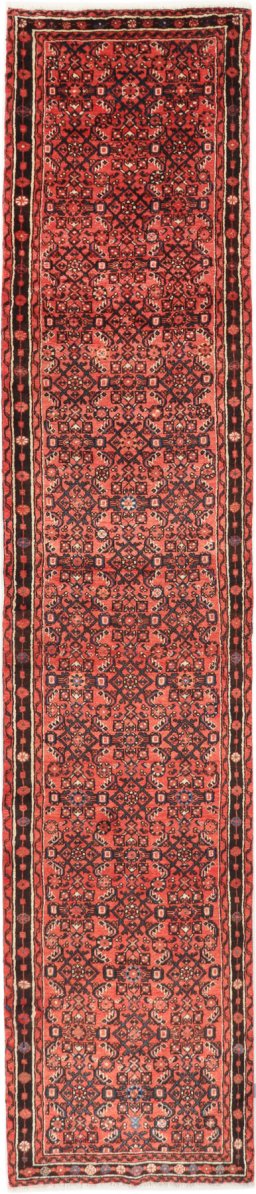 Full view of 1990s Hoseinabad rug from Iran / Persia, 396 × 82 cm in Red tones