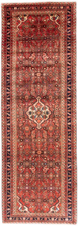 Full view of 1972s Hoseinabad rug from Iran / Persia, 340 × 115 cm in Red tones