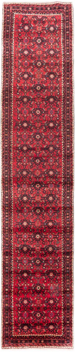 Full view of 2000s Hoseinabad rug from Iran / Persia, 412 × 82 cm in Red tones